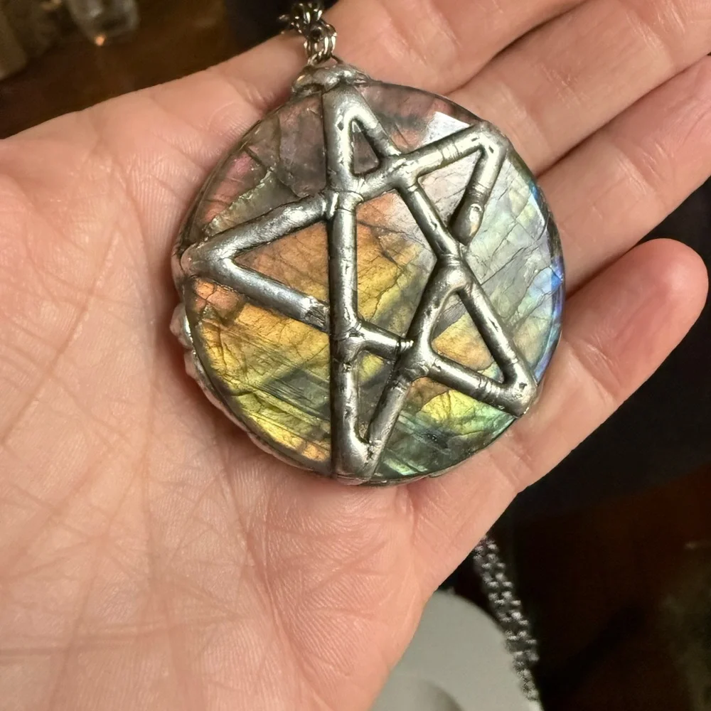 Labradorite pentacle statement Pendant Necklace choker gothic style boho witch - Picture 4 of 5